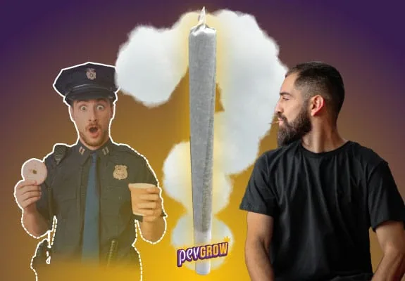 Montaje de un policía sorprendido con un dónut y un vaso, un gran cigarrillo humeante en el centro y un hombre mirando hacia él. Montaje de un policía sorprendido con un dónut y un vaso, un gran cigarrillo humeante en el centro y un hombre mirando hacia él.