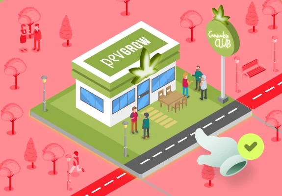 Ilustración de un local con el rótulo Pevgrow, una hoja de cannabis en el tejado y personas junto a un letrero «Cannabis Club».