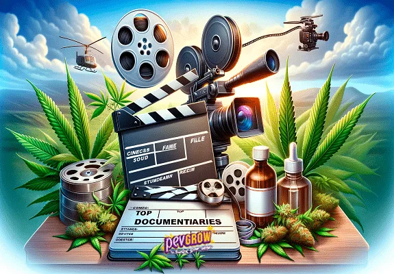 Ilustración sobre documentales de cannabis con cámara de cine, claquetas, rollos de película, hojas, cogollos y frascos sobre una mesa. Ilustración sobre documentales de cannabis con cámara de cine, claquetas, rollos de película, hojas, cogollos y frascos sobre una mesa.