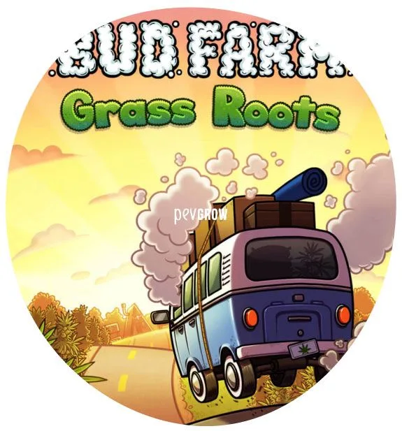 Portada ilustrada de Bud Farm: Grass Roots, con una furgoneta cargada de equipaje en una carretera entre plantas y nubes de humo.