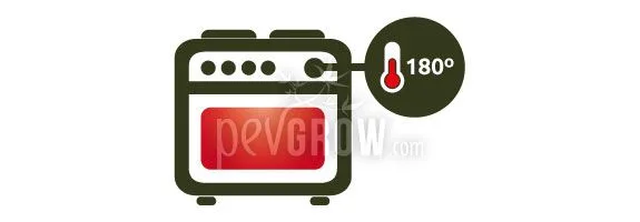 Icono de un horno con la puerta roja y un termómetro junto a la indicación de temperatura de 180° sobre fondo blanco.