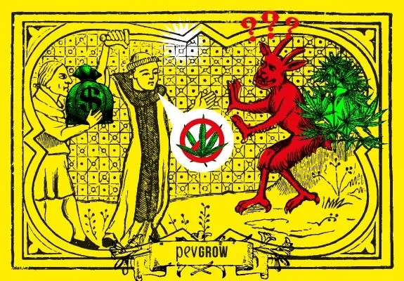 Ilustración sobre fondo amarillo con dos figuras humanas, una bolsa con símbolo de dólar, un diablo rojo y cannabis tachado. Ilustración sobre fondo amarillo con dos figuras humanas, una bolsa con símbolo de dólar, un diablo rojo y cannabis tachado.