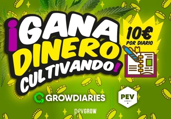 Cartel verde y amarillo con el texto «¡Gana dinero cultivando!», un cuaderno ilustrado y los logotipos GrowDiaries y PEV Seeds.