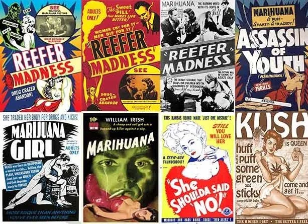 Collage de ocho carteles de estética antigua sobre marihuana, con títulos como «Reefer Madness» y «Marihuana Girl».