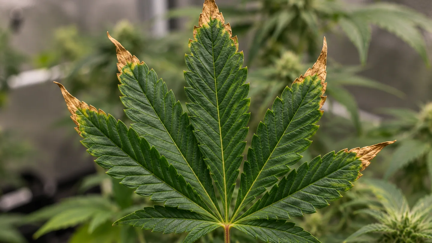 Hoja de cannabis verde oscuro con las puntas de los foliolos marrones y secas, en un cultivo de interior
