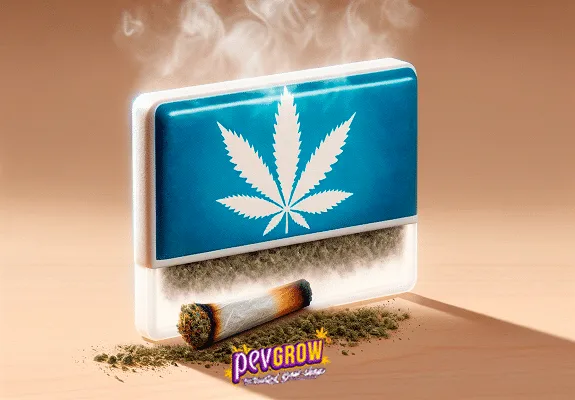 Montaje de un aparato rectangular con una hoja de cannabis blanca, humo alrededor y una colilla sobre restos vegetales en la mesa.