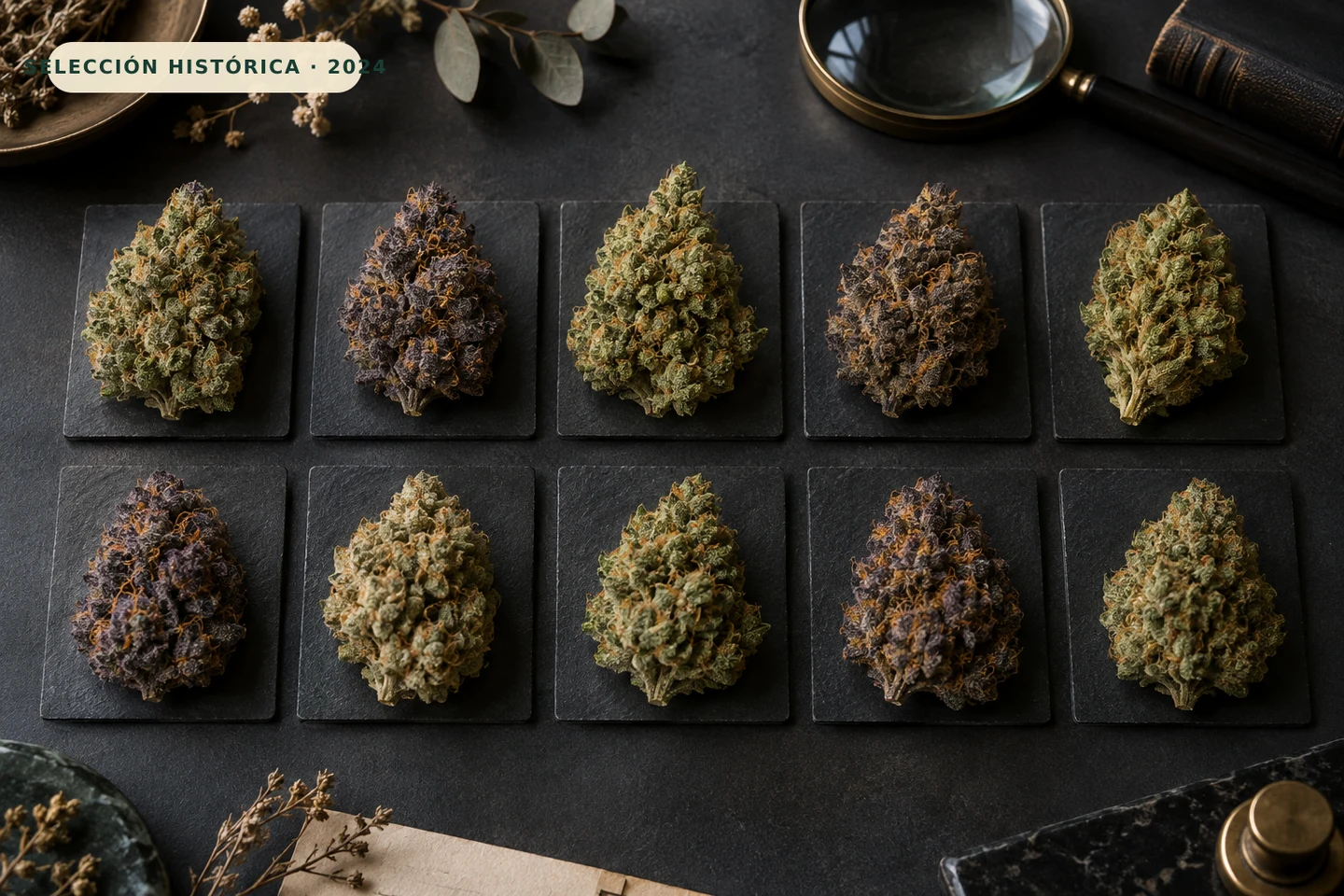 Diez cogollos de cannabis verdes y morados sobre placas oscuras en dos filas, con una lupa y un libro al fondo. Diez cogollos de cannabis verdes y morados sobre placas oscuras en dos filas, con una lupa y un libro al fondo.