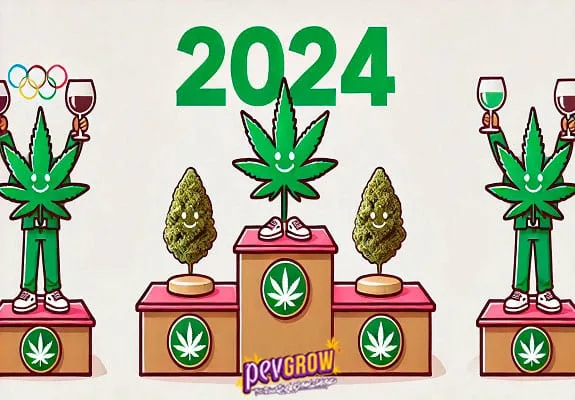 Ilustración de un podio con una hoja de cannabis sonriente y dos cogollos, bajo el número 2024 y entre personajes con copas. Ilustración de un podio con una hoja de cannabis sonriente y dos cogollos, bajo el número 2024 y entre personajes con copas.