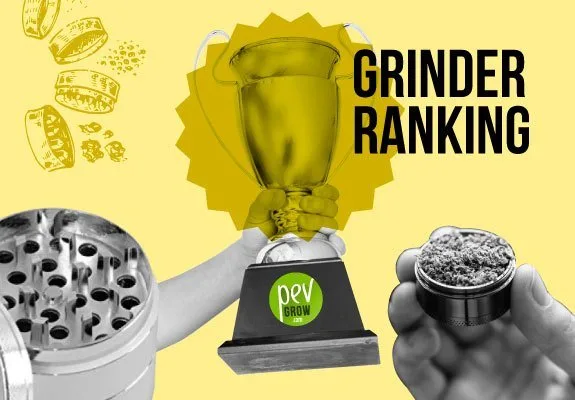 Montaje con un trofeo, un grinder abierto y otro con material vegetal triturado, bajo el texto «Grinder ranking». Montaje con un trofeo, un grinder abierto y otro con material vegetal triturado, bajo el texto «Grinder ranking».