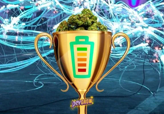Trofeo dorado lleno de cogollos, con un icono de batería de barras multicolores y un fondo de trazos luminosos azules. Trofeo dorado lleno de cogollos, con un icono de batería de barras multicolores y un fondo de trazos luminosos azules.