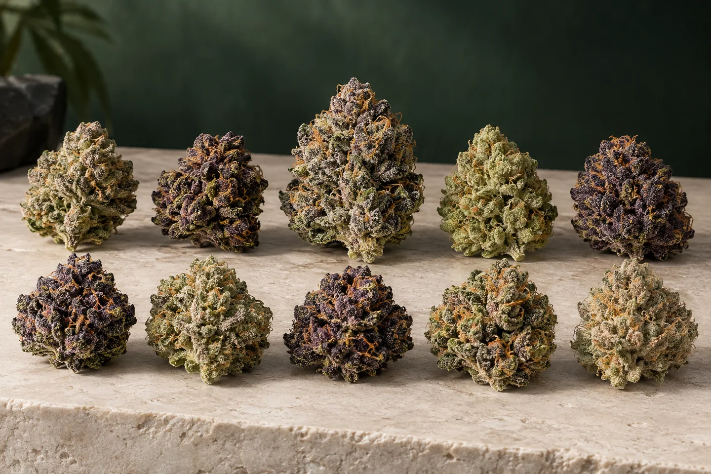 Diez cogollos de cannabis de tonos verdes y morados, dispuestos en dos filas sobre una superficie clara ante un fondo verde oscuro.