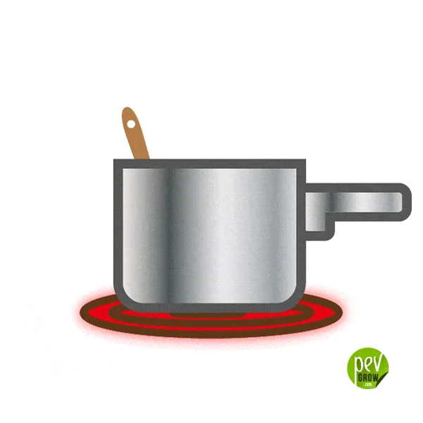 Ilustración de un cazo gris con mango y utensilio de madera sobre una resistencia roja, con el logotipo Pevgrow abajo.