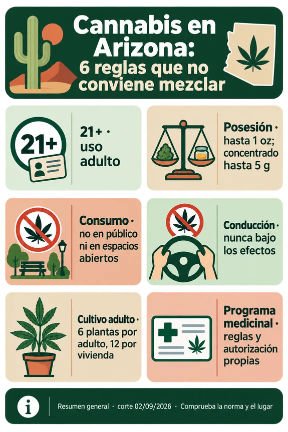 Infografía sobre seis reglas del cannabis en Arizona: edad, posesión, consumo, conducción, cultivo y programa medicinal.