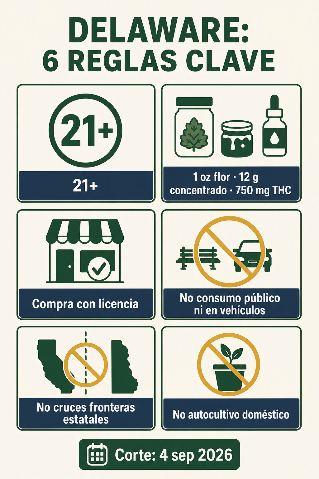 Infografía «Delaware: 6 reglas clave» con edad mínima de 21 años, cantidades y restricciones del cannabis en seis recuadros.