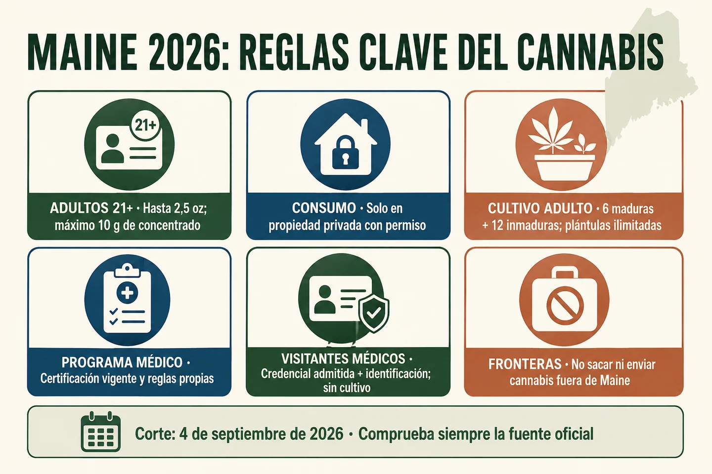Infografía sobre cannabis en Maine en 2026, con seis bloques sobre edad, consumo, cultivo, uso médico, visitantes y fronteras. Infografía sobre cannabis en Maine en 2026, con seis bloques sobre edad, consumo, cultivo, uso médico, visitantes y fronteras.