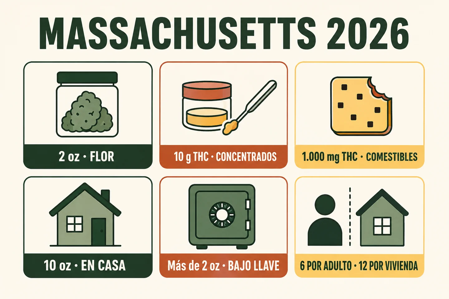 Infografía de Massachusetts 2026 con límites de flor, concentrados y comestibles, almacenamiento en casa y plantas por adulto y vivienda. Infografía de Massachusetts 2026 con límites de flor, concentrados y comestibles, almacenamiento en casa y plantas por adulto y vivienda.