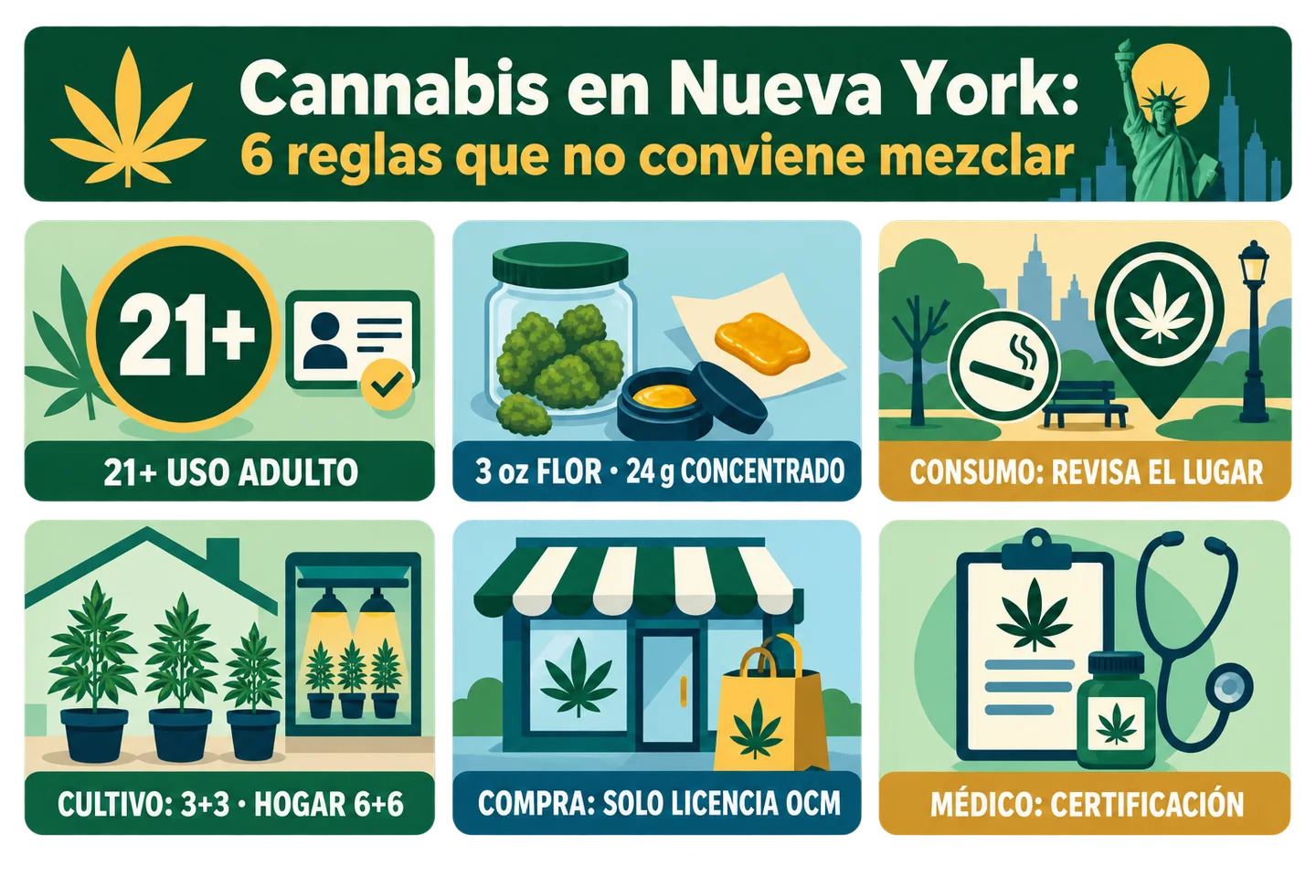 Infografía sobre seis reglas del cannabis en Nueva York: edad, cantidades, consumo, cultivo, compra y uso médico. Infografía sobre seis reglas del cannabis en Nueva York: edad, cantidades, consumo, cultivo, compra y uso médico.