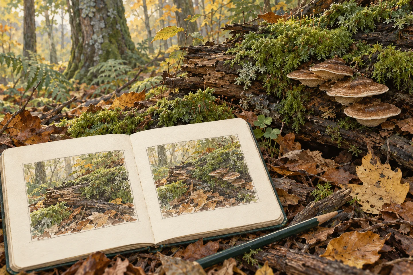 Cuaderno abierto con dos dibujos de un tronco, junto a setas pardas, musgo y hojas otoñales. Cuaderno abierto con dos dibujos de un tronco, junto a setas pardas, musgo y hojas otoñales.