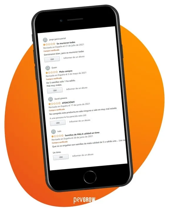 Montaje de un teléfono inclinado sobre fondo naranja, cuya pantalla muestra reseñas negativas en español sobre semillas. Montaje de un teléfono inclinado sobre fondo naranja, cuya pantalla muestra reseñas negativas en español sobre semillas.