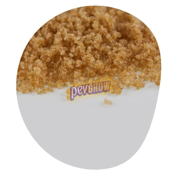 Primer plano de pequeños gránulos dorados y marrones sobre una superficie clara, con recorte ovalado y marca de agua Pevgrow. Primer plano de pequeños gránulos dorados y marrones sobre una superficie clara, con recorte ovalado y marca de agua Pevgrow.