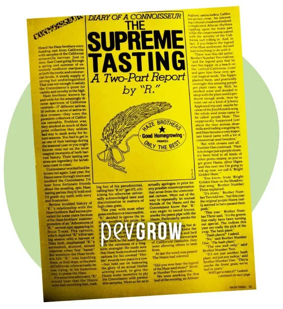 Página amarilla de revista titulada «The Supreme Tasting», con columnas de texto y una ilustración con el nombre Haze Brothers. Página amarilla de revista titulada «The Supreme Tasting», con columnas de texto y una ilustración con el nombre Haze Brothers.