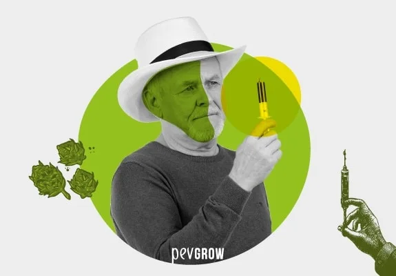 Collage de un hombre con sombrero blanco que observa una jeringa, rodeado de círculos verdes, cogollos y una mano dibujada con otra jeringa. Collage de un hombre con sombrero blanco que observa una jeringa, rodeado de círculos verdes, cogollos y una mano dibujada con otra jeringa.