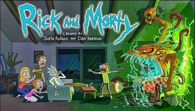 Escena de Rick y Morty con la familia asustada en el salón y un monstruo de tentáculos entre destellos verdes junto a la pared.