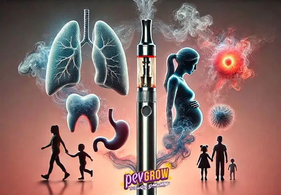 Composición ilustrada con un vapeador central rodeado de pulmones, un diente, un estómago, una embarazada y siluetas de adultos y niños.