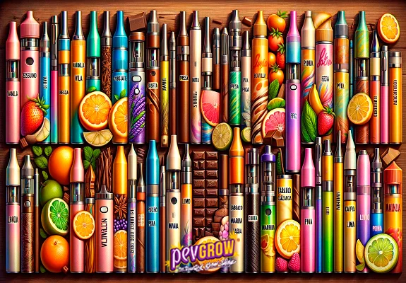 Composición ilustrada de numerosos vapes de colores en dos filas, entre frutas, canela y chocolate, con el logotipo Pevgrow.