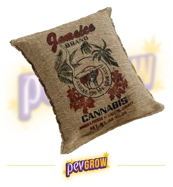 Saco beige inclinado con el texto «Jamaica Brand Cannabis», palmeras, flores rojas y un emblema central, sobre fondo blanco.