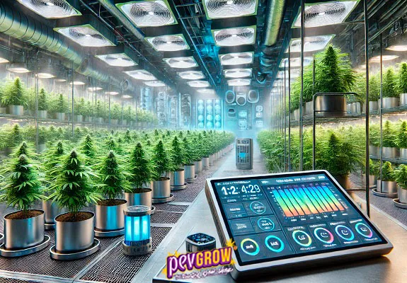 Sala de cultivo de aspecto futurista con hileras de plantas de cannabis, luces en el techo y un panel de control en primer plano.