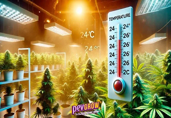 Composición de una sala de cultivo de cannabis con lámparas, macetas y un gran termómetro superpuesto junto a referencias de 24 °C.