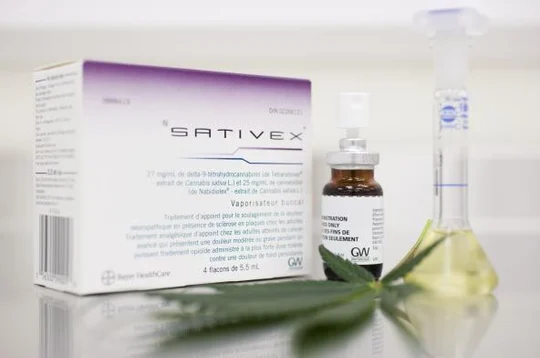 Caja de Sativex junto a un frasco pulverizador, un recipiente de laboratorio con líquido amarillo y una hoja de cannabis en primer plano. Caja de Sativex junto a un frasco pulverizador, un recipiente de laboratorio con líquido amarillo y una hoja de cannabis en primer plano.