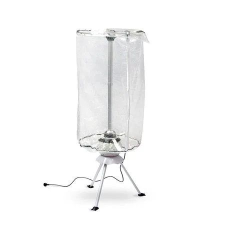 Secador eléctrico vertical con cubierta translúcida, soporte de tres patas y cable de alimentación sobre fondo blanco.