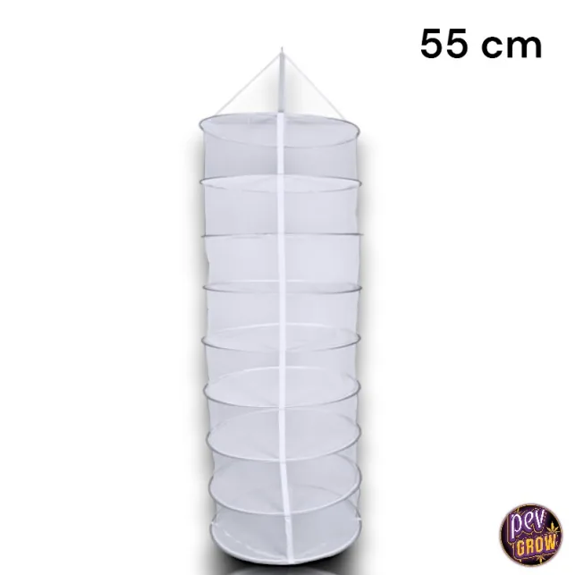 Malla de secado blanca, cilíndrica y colgante, con varios niveles circulares superpuestos sobre fondo blanco. Malla de secado blanca, cilíndrica y colgante, con varios niveles circulares superpuestos sobre fondo blanco.
