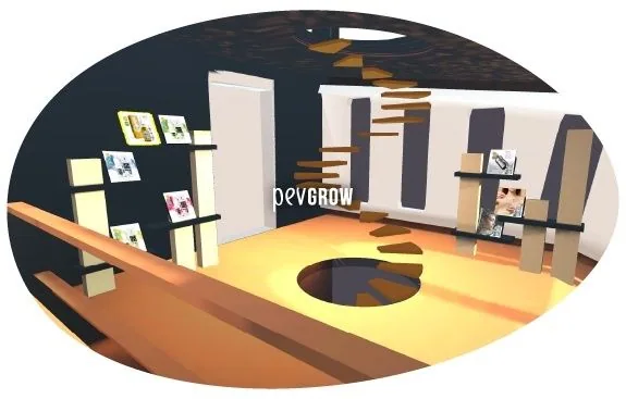 Interior virtual de Pevgrow con suelo amarillo, escalera de peldaños suspendidos, hueco circular y expositores en las paredes. Interior virtual de Pevgrow con suelo amarillo, escalera de peldaños suspendidos, hueco circular y expositores en las paredes.