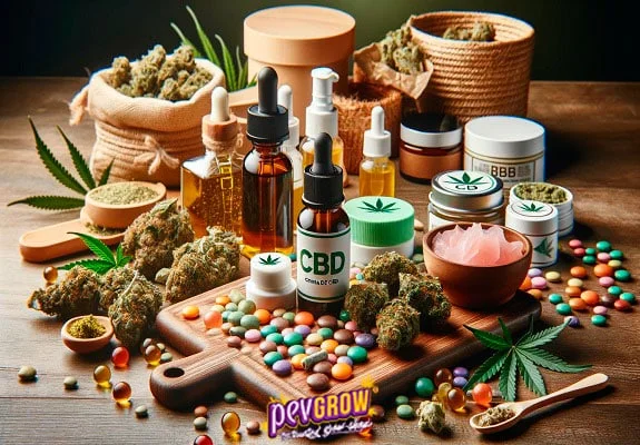 Composición con frascos cuentagotas, tarros, cogollos, hojas y piezas de colores sobre una mesa; un frasco lleva la etiqueta CBD.