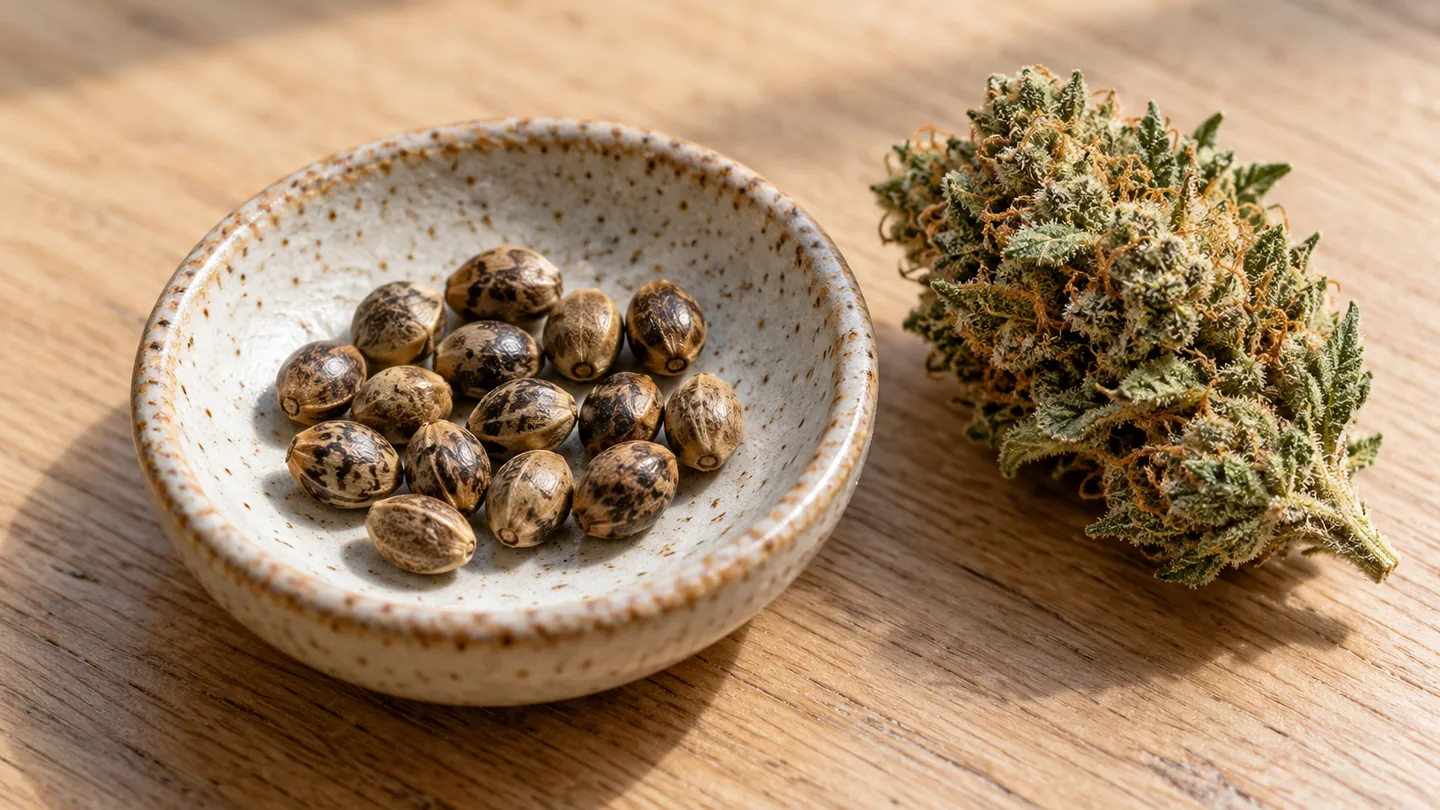 Semillas de cannabis atigradas en un cuenco de cerámica junto a un cogollo seco sobre una mesa de madera clara