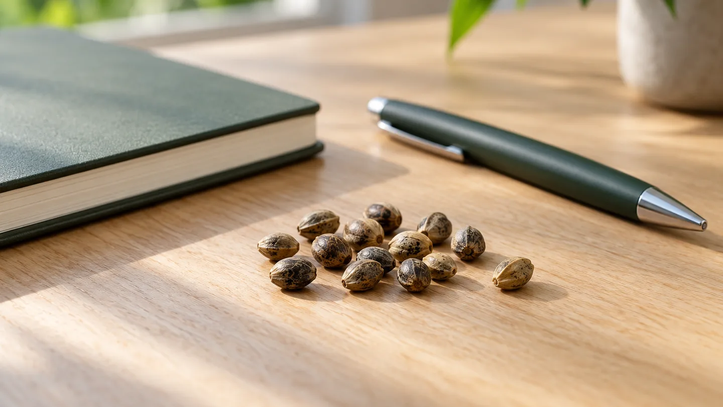 Varias semillas moteadas sobre una mesa de madera, junto a una libreta cerrada y un bolígrafo verde oscuro.