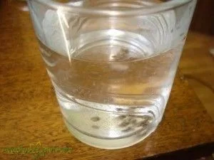 Vaso transparente con agua y varias semillas visibles en el fondo, colocado sobre una superficie de madera.