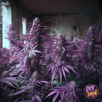 Varias plantas de Gumbo con largas colas florales y hojas bajo iluminación violeta, junto a ventanas en una sala de cultivo. Varias plantas de Gumbo con largas colas florales y hojas bajo iluminación violeta, junto a ventanas en una sala de cultivo.