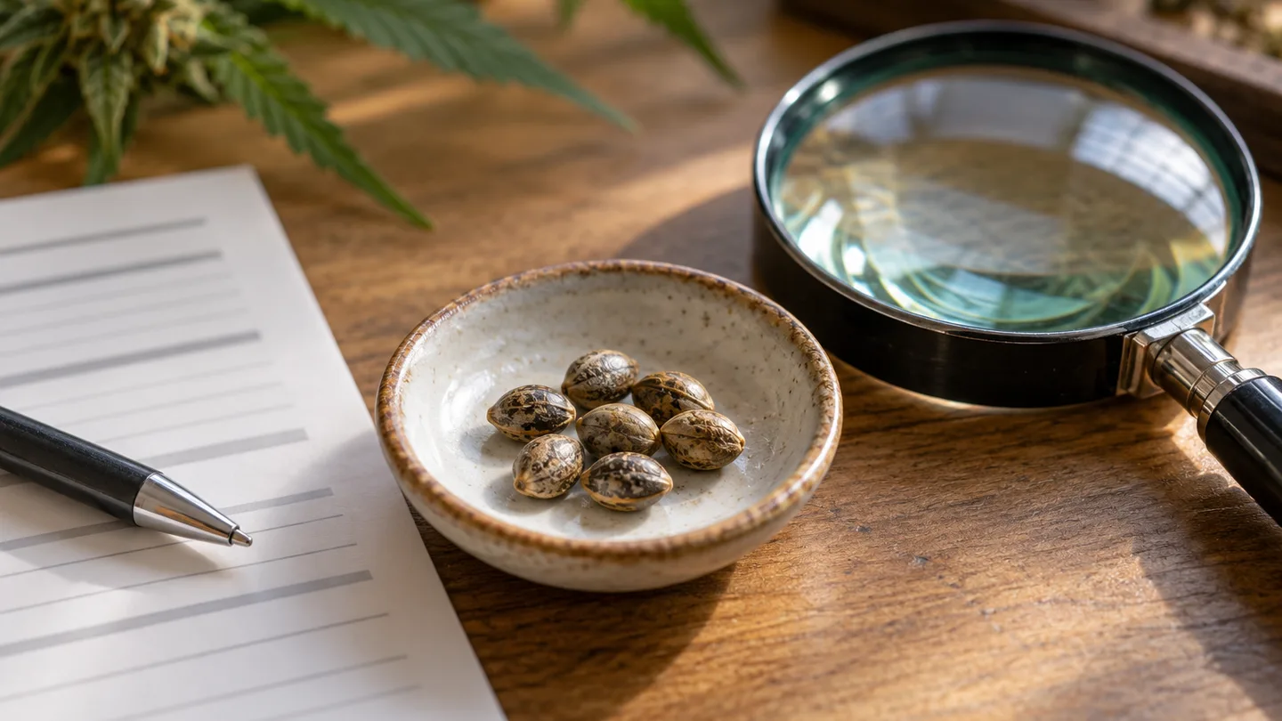Unas semillas en un plato pequeño junto a una lupa, una hoja impresa con líneas borrosas y un bolígrafo sobre un escritorio de madera Unas semillas en un plato pequeño junto a una lupa, una hoja impresa con líneas borrosas y un bolígrafo sobre un escritorio de madera