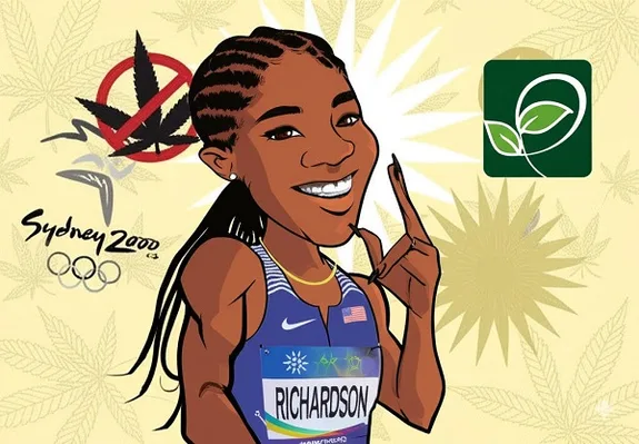 Caricatura de una atleta sonriente con el dorsal RICHARDSON y un dedo alzado, junto a una hoja de cannabis tachada y símbolos olímpicos. Caricatura de una atleta sonriente con el dorsal RICHARDSON y un dedo alzado, junto a una hoja de cannabis tachada y símbolos olímpicos.