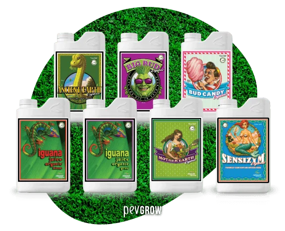 Siete envases blancos de Advanced Nutrients con etiquetas de Iguana Juice, Big Bud, Bud Candy, Mother Earth, Ancient Earth y Sensizym. Siete envases blancos de Advanced Nutrients con etiquetas de Iguana Juice, Big Bud, Bud Candy, Mother Earth, Ancient Earth y Sensizym.