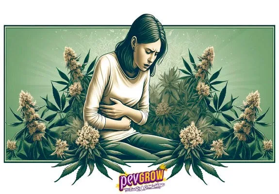 Ilustración de una mujer sentada, inclinada y con las manos sobre el abdomen, rodeada de plantas de cannabis con flores. Ilustración de una mujer sentada, inclinada y con las manos sobre el abdomen, rodeada de plantas de cannabis con flores.