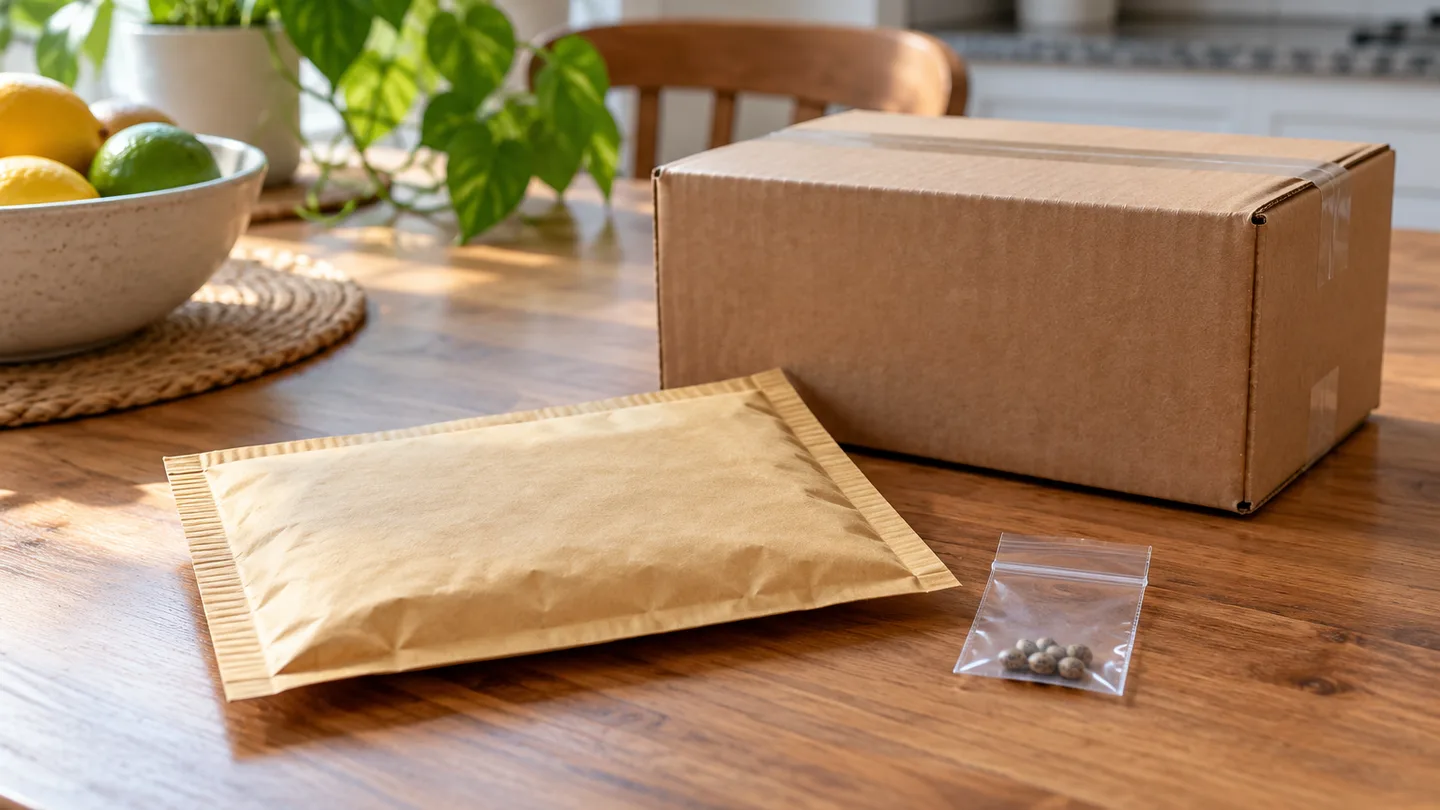 Sobre acolchado, caja de cartón cerrada y pequeña bolsa transparente con varias semillas sobre una mesa de madera.