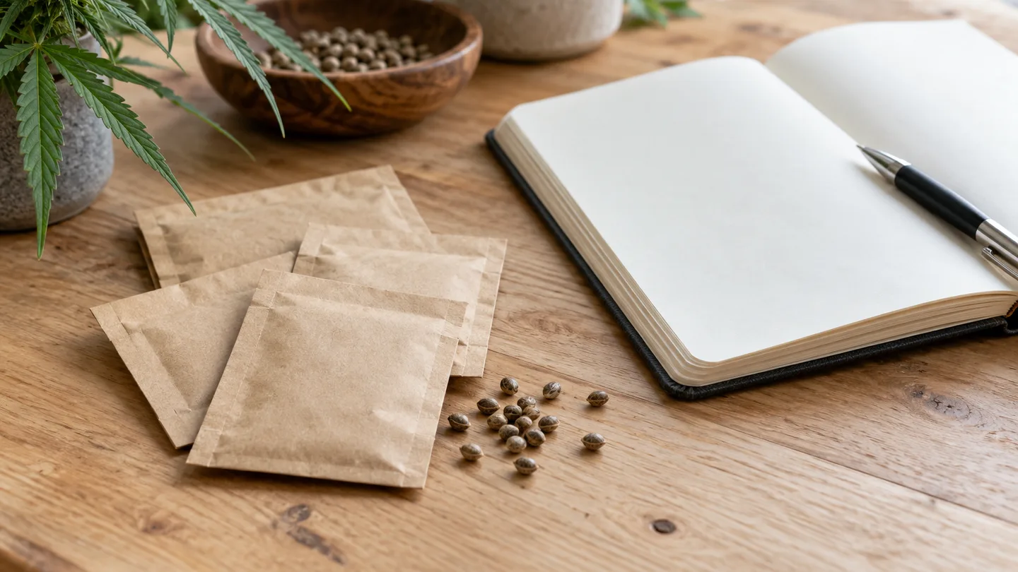 Varios sobres de papel lisos y unas pocas semillas sueltas sobre una mesa de madera clara, junto a un cuaderno y un bolígrafo Varios sobres de papel lisos y unas pocas semillas sueltas sobre una mesa de madera clara, junto a un cuaderno y un bolígrafo