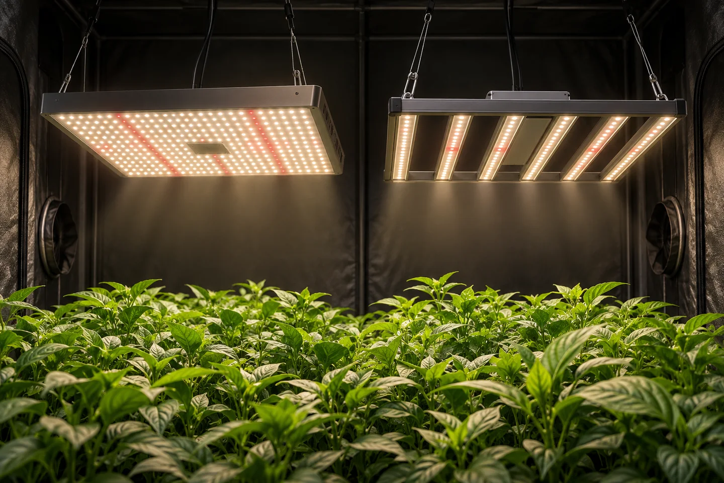 Dos luminarias LED encendidas sobre plantas en un armario de cultivo: un panel compacto a la izquierda y barras a la derecha. Dos luminarias LED encendidas sobre plantas en un armario de cultivo: un panel compacto a la izquierda y barras a la derecha.