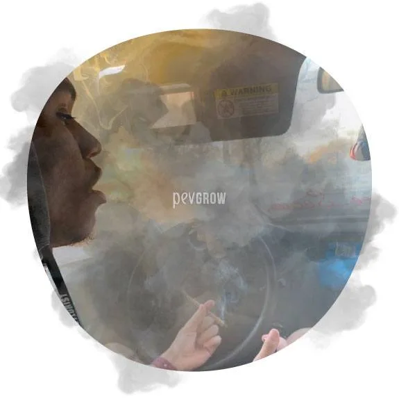 Persona de perfil en el interior de un coche lleno de humo, con un cigarrillo entre los dedos y el volante al fondo.