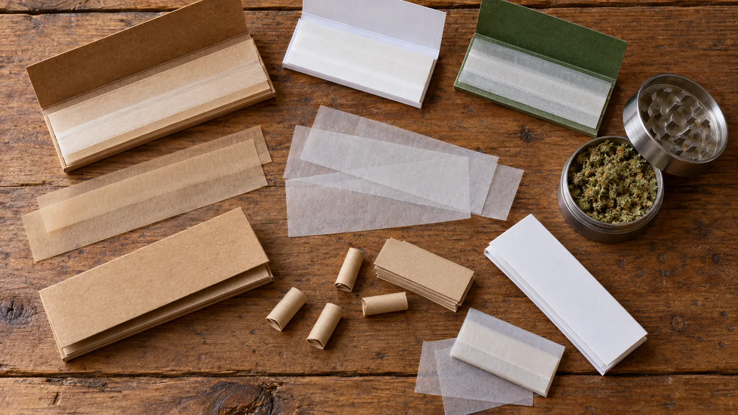 Librillos de papel de fumar sin marca en marrón, blanco y verde, con hojas sueltas, filtros de cartón y un grinder metálico sobre madera Librillos de papel de fumar sin marca en marrón, blanco y verde, con hojas sueltas, filtros de cartón y un grinder metálico sobre madera